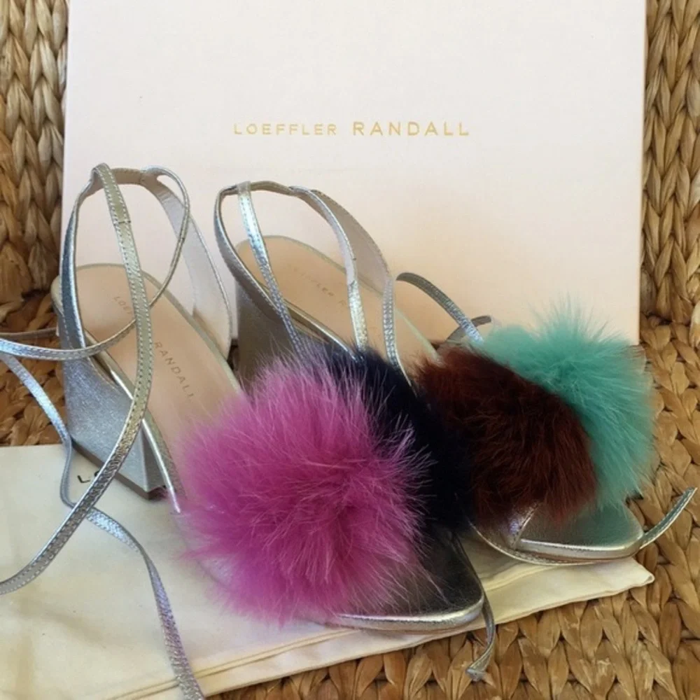 $495 NEW Loeffler Randall Nicky fur pom pom fur silver leather chunky heel 7 7.5 - Picture 3 of 10